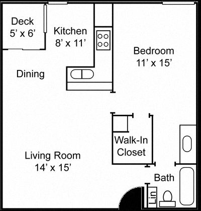 Floor plan for 1 bed, 1 bath, 650 sqft